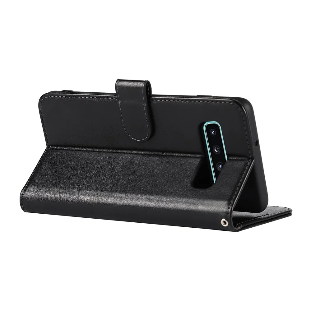 R61 Texture Felled Seam Phone Case Wrist Strap Anti-drop PU Leather Wallet Cover with Stand for Samsung Galaxy S10 - Black - 6