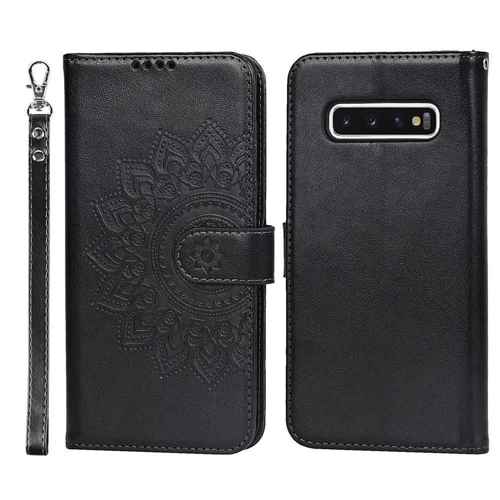 R61 Texture Felled Seam Phone Case Pattern Imprinted Stylish PU Leather Wallet Cover with Stand for Samsung Galaxy S10 - Black - 1