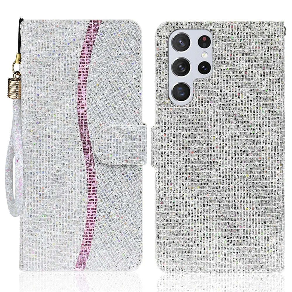 Fashionable Glittery Powder Wallet Phone Cover Leather Phone Protective Phone Case with Stand for Samsung Galaxy S22 Ultra 5G - Silver - 1