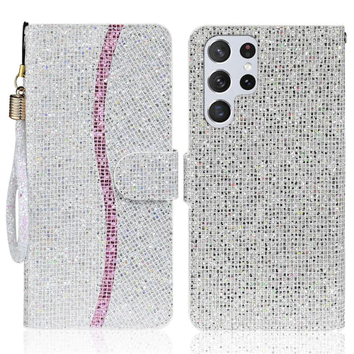 Fashionable Glittery Powder Wallet Phone Cover Leather Phone Protective Phone Case with Stand for Samsung Galaxy S22 Ultra 5G - Silver - 1