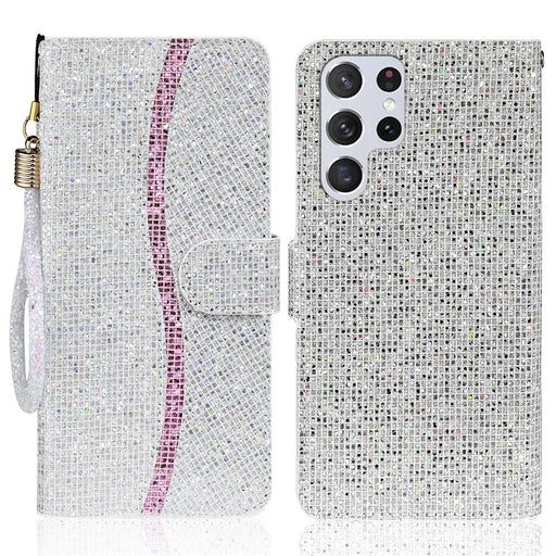 Fashionable Glittery Powder Wallet Phone Cover Leather Phone Protective Phone Case with Stand for Samsung Galaxy S22 Ultra 5G - Silver - 1