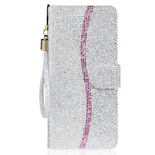 Fashionable Glittery Powder Wallet Phone Cover Leather Phone Protective Phone Case with Stand for Samsung Galaxy S22 Ultra 5G - Silver - 2