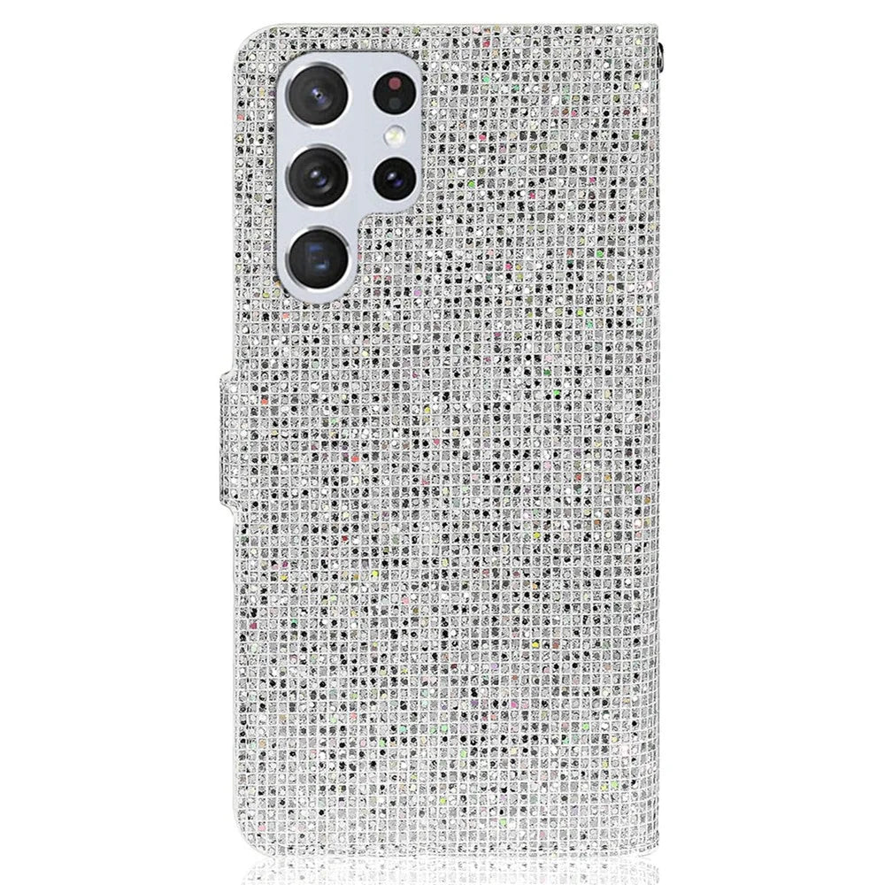 Fashionable Glittery Powder Wallet Phone Cover Leather Phone Protective Phone Case with Stand for Samsung Galaxy S22 Ultra 5G - Silver - 3