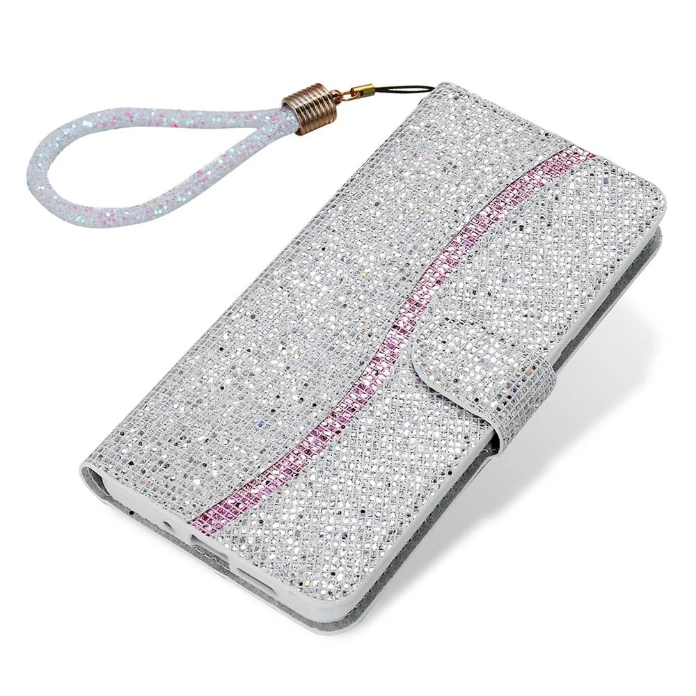 Fashionable Glittery Powder Wallet Phone Cover Leather Phone Protective Phone Case with Stand for Samsung Galaxy S22 Ultra 5G - Silver - 7