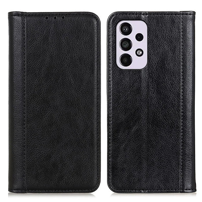Litchi Texture Split Leather Flip Folio Wallet Phone Case Stand Magnetic Auto Closure Protective Cover for Samsung Galaxy A33 5G - Black - 1