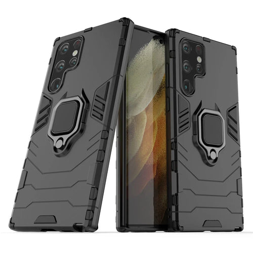 Hybrid Hard PC Soft TPU Drop Protection Cover with Metal Ring Holder Kickstand for Samsung Galaxy S22 Ultra 5G - Black - 1