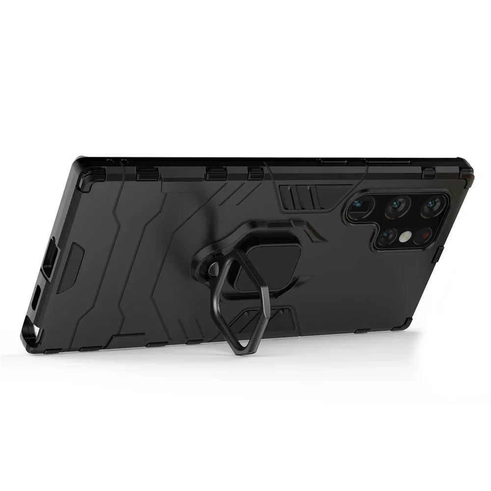 Hybrid Hard PC Soft TPU Drop Protection Cover with Metal Ring Holder Kickstand for Samsung Galaxy S22 Ultra 5G - Black - 3