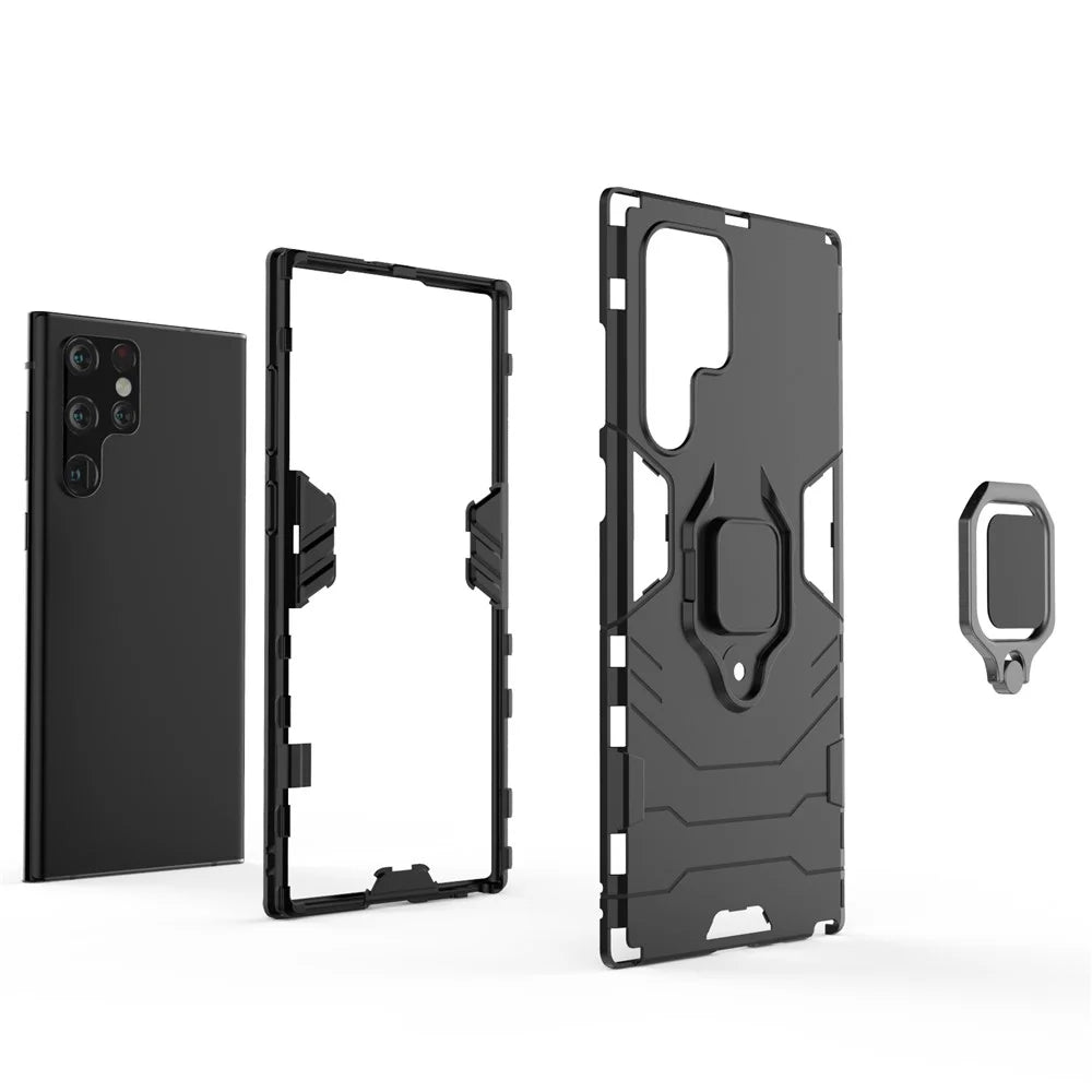 Hybrid Hard PC Soft TPU Drop Protection Cover with Metal Ring Holder Kickstand for Samsung Galaxy S22 Ultra 5G - Black - 4