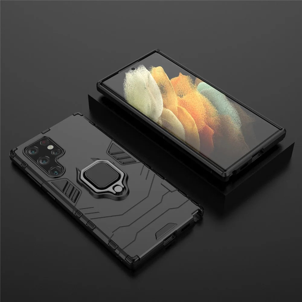 Hybrid Hard PC Soft TPU Drop Protection Cover with Metal Ring Holder Kickstand for Samsung Galaxy S22 Ultra 5G - Black - 6