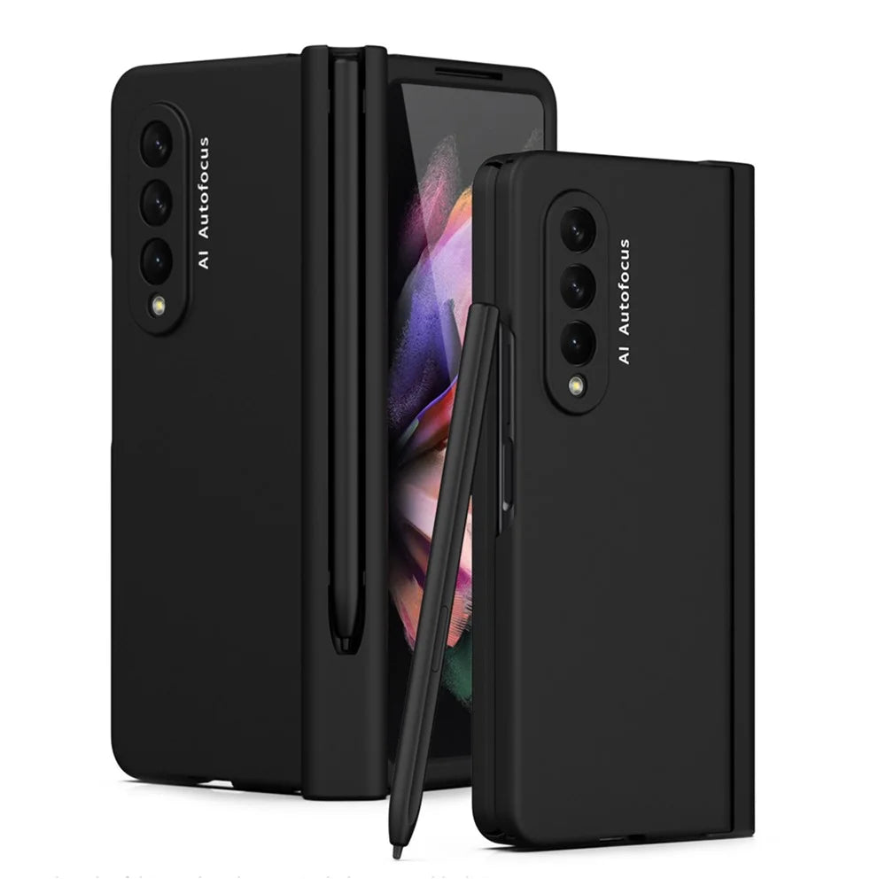 PU Leather Coated PC Hinged Cover Folio Flip Full Protection Phone Case with Pen Holder and Tempered Glass Screen Protector for Samsung Galaxy Z Fold3 5G - Black - 1