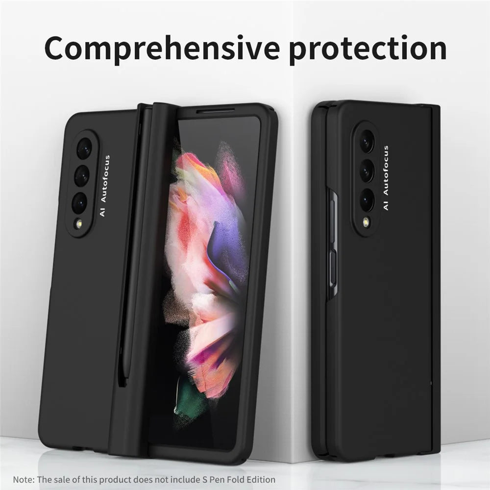 PU Leather Coated PC Hinged Cover Folio Flip Full Protection Phone Case with Pen Holder and Tempered Glass Screen Protector for Samsung Galaxy Z Fold3 5G - Black - 2