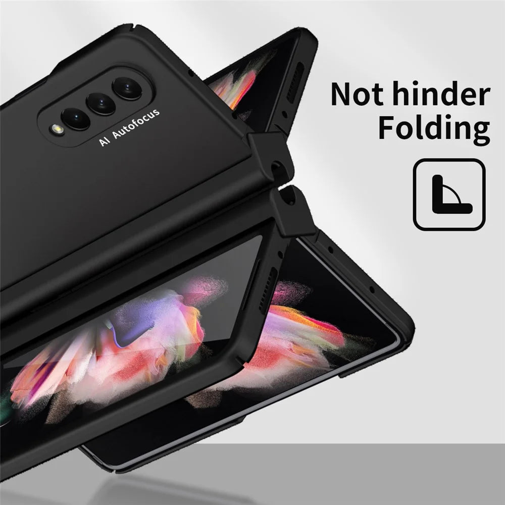 PU Leather Coated PC Hinged Cover Folio Flip Full Protection Phone Case with Pen Holder and Tempered Glass Screen Protector for Samsung Galaxy Z Fold3 5G - Black - 3