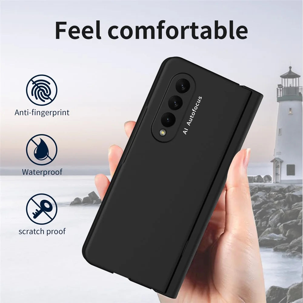 PU Leather Coated PC Hinged Cover Folio Flip Full Protection Phone Case with Pen Holder and Tempered Glass Screen Protector for Samsung Galaxy Z Fold3 5G - Black - 4