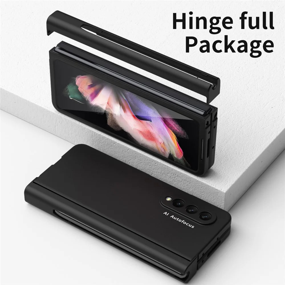 PU Leather Coated PC Hinged Cover Folio Flip Full Protection Phone Case with Pen Holder and Tempered Glass Screen Protector for Samsung Galaxy Z Fold3 5G - Black - 6