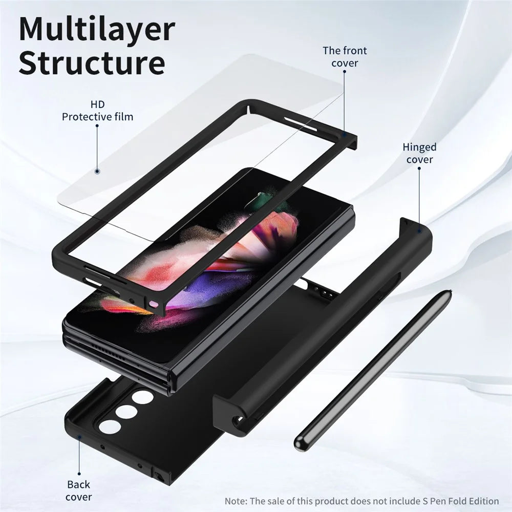 PU Leather Coated PC Hinged Cover Folio Flip Full Protection Phone Case with Pen Holder and Tempered Glass Screen Protector for Samsung Galaxy Z Fold3 5G - Black - 7