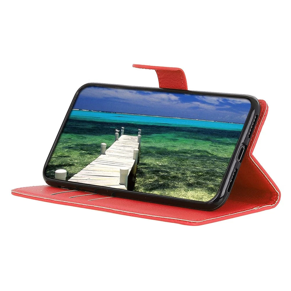 Litchi Texture PU Leather Stand Phone Cover Shockproof TPU Inner Protective Wallet Case for Samsung Galaxy A33 5G - Red - 5