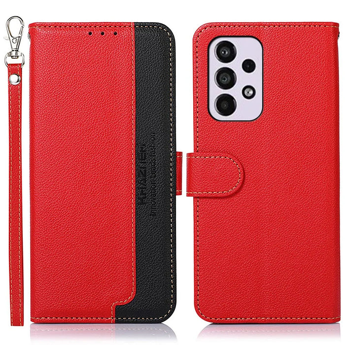 KHAZNEH RFID Blocking Litchi Texture PU Leather Cover with Strap Stand Wallet Drop-proof Cover for Samsung Galaxy A33 5G - Red - 1