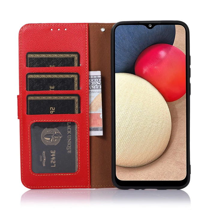 KHAZNEH RFID Blocking Litchi Texture PU Leather Cover with Strap Stand Wallet Drop-proof Cover for Samsung Galaxy A33 5G - Red - 4