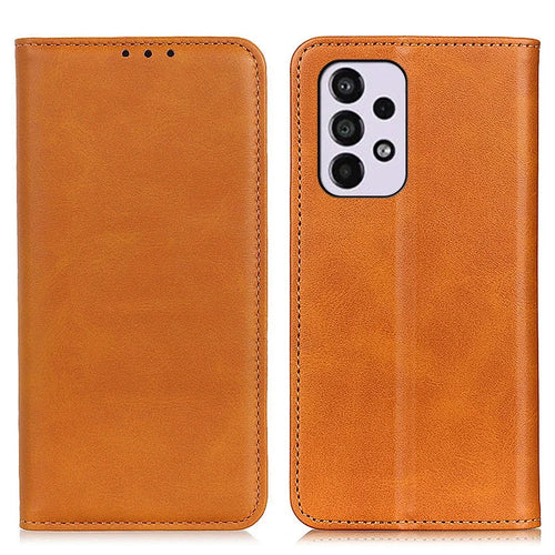 Split Leather Stand Wallet Case Auto Magnetic Closed Flip Folio Cover Phone Guard for Samsung Galaxy A33 5G - Brown - 1