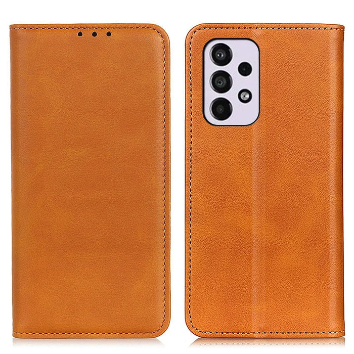 Split Leather Stand Wallet Case Auto Magnetic Closed Flip Folio Cover Phone Guard for Samsung Galaxy A33 5G - Brown - 1
