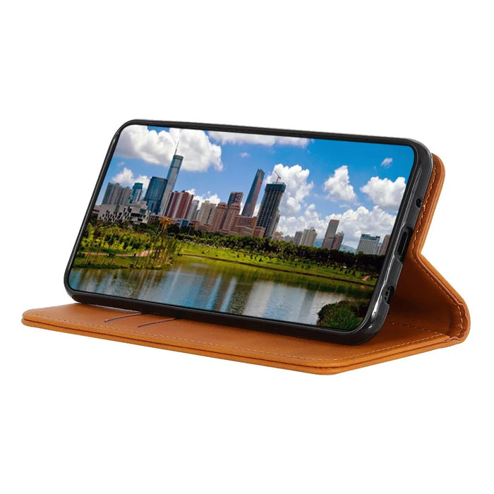 Split Leather Stand Wallet Case Auto Magnetic Closed Flip Folio Cover Phone Guard for Samsung Galaxy A33 5G - Brown - 5