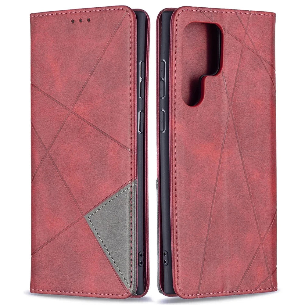 All-Round Protection Rhombus-Like Imprinted Magnetic Closure Card Slots Design Leather Phone Case with Stand for Samsung Galaxy S22 Ultra 5G - Red - 1