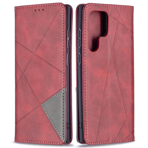 All-Round Protection Rhombus-Like Imprinted Magnetic Closure Card Slots Design Leather Phone Case with Stand for Samsung Galaxy S22 Ultra 5G - Red - 1