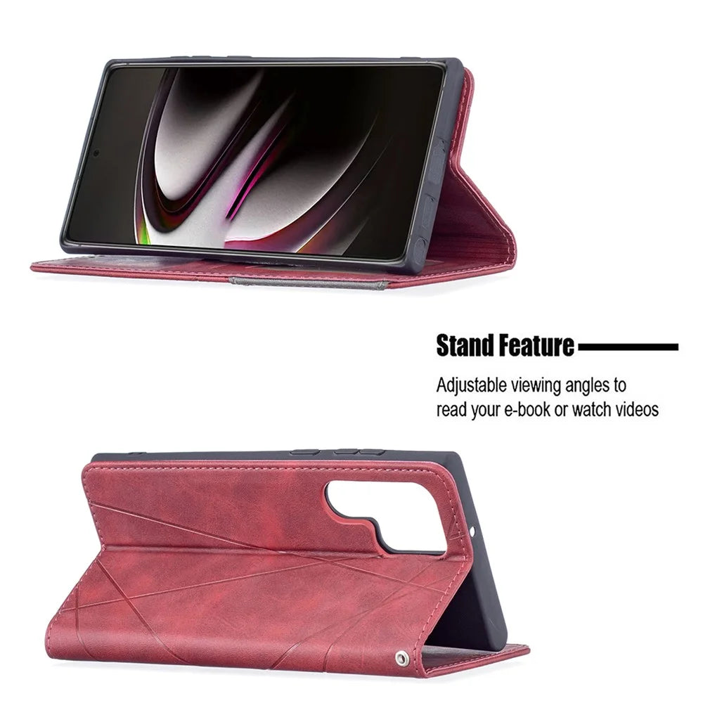 All-Round Protection Rhombus-Like Imprinted Magnetic Closure Card Slots Design Leather Phone Case with Stand for Samsung Galaxy S22 Ultra 5G - Red - 2