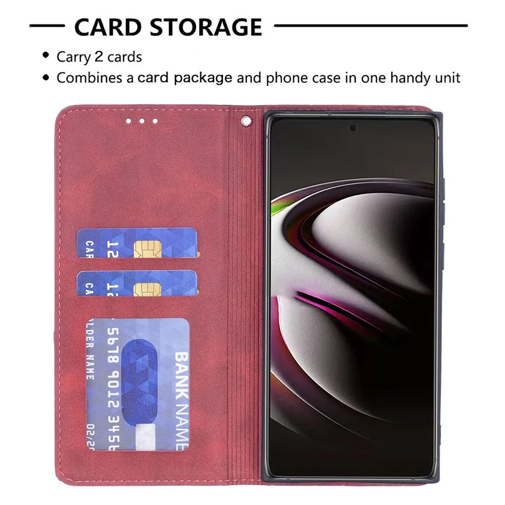 All-Round Protection Rhombus-Like Imprinted Magnetic Closure Card Slots Design Leather Phone Case with Stand for Samsung Galaxy S22 Ultra 5G - Red - 3