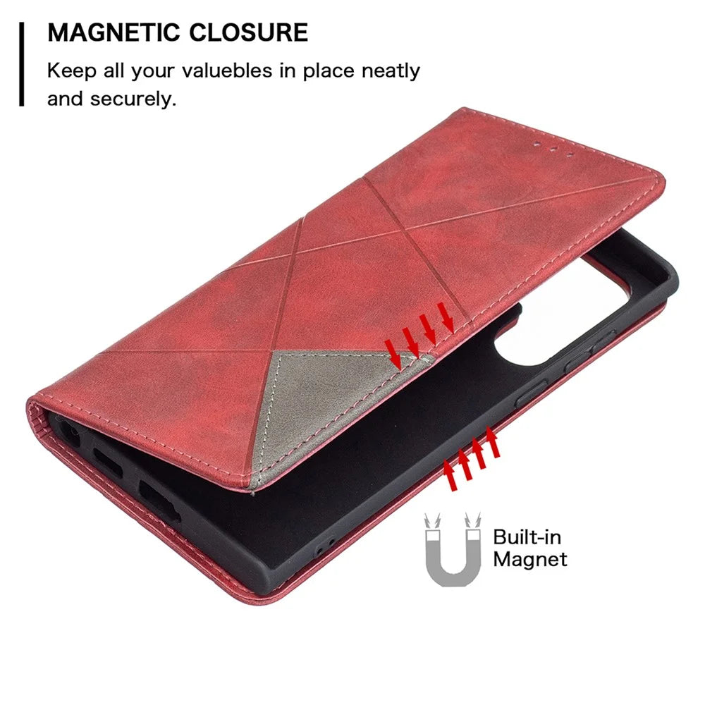 All-Round Protection Rhombus-Like Imprinted Magnetic Closure Card Slots Design Leather Phone Case with Stand for Samsung Galaxy S22 Ultra 5G - Red - 4