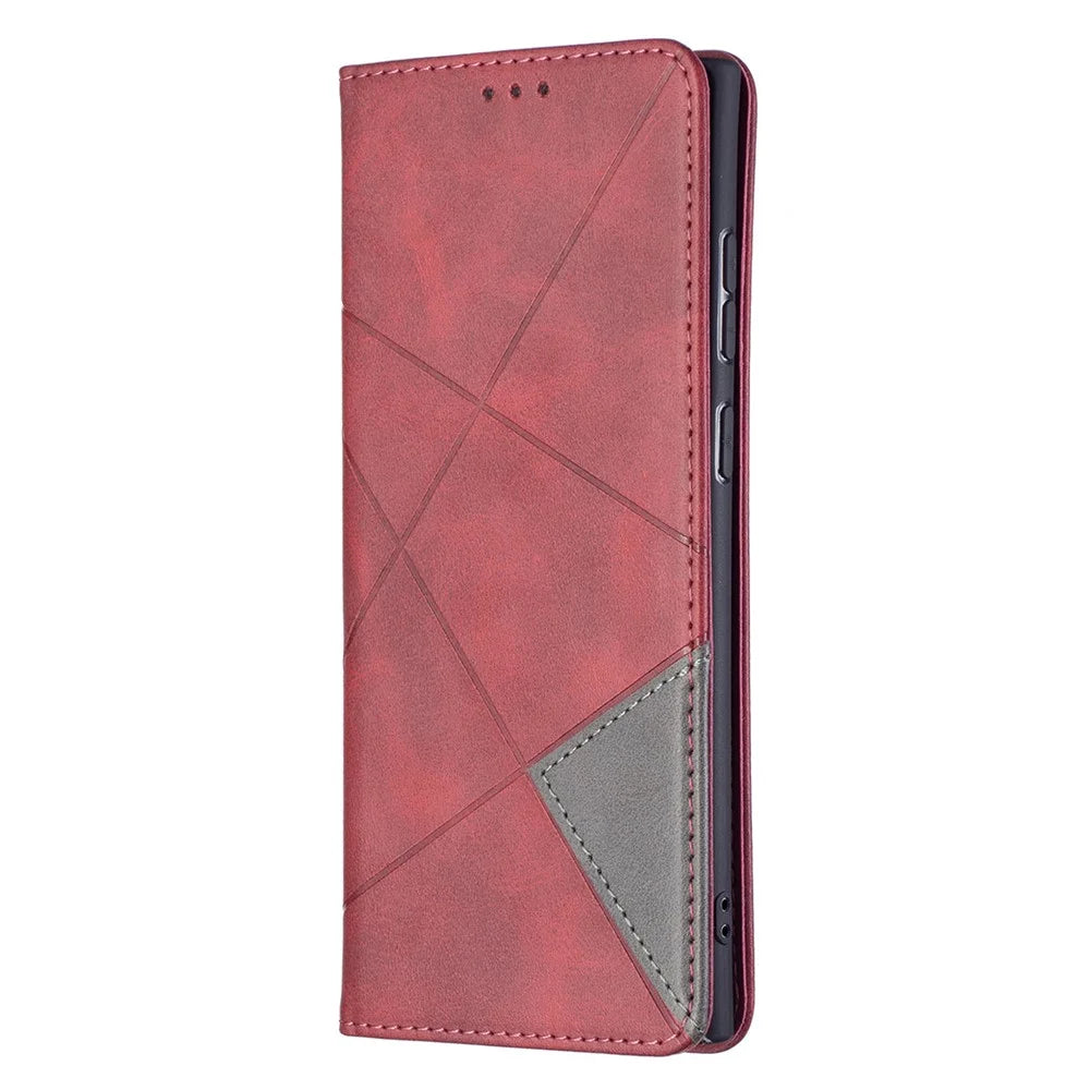 All-Round Protection Rhombus-Like Imprinted Magnetic Closure Card Slots Design Leather Phone Case with Stand for Samsung Galaxy S22 Ultra 5G - Red - 5