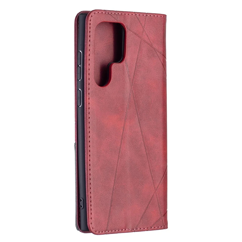 All-Round Protection Rhombus-Like Imprinted Magnetic Closure Card Slots Design Leather Phone Case with Stand for Samsung Galaxy S22 Ultra 5G - Red - 6