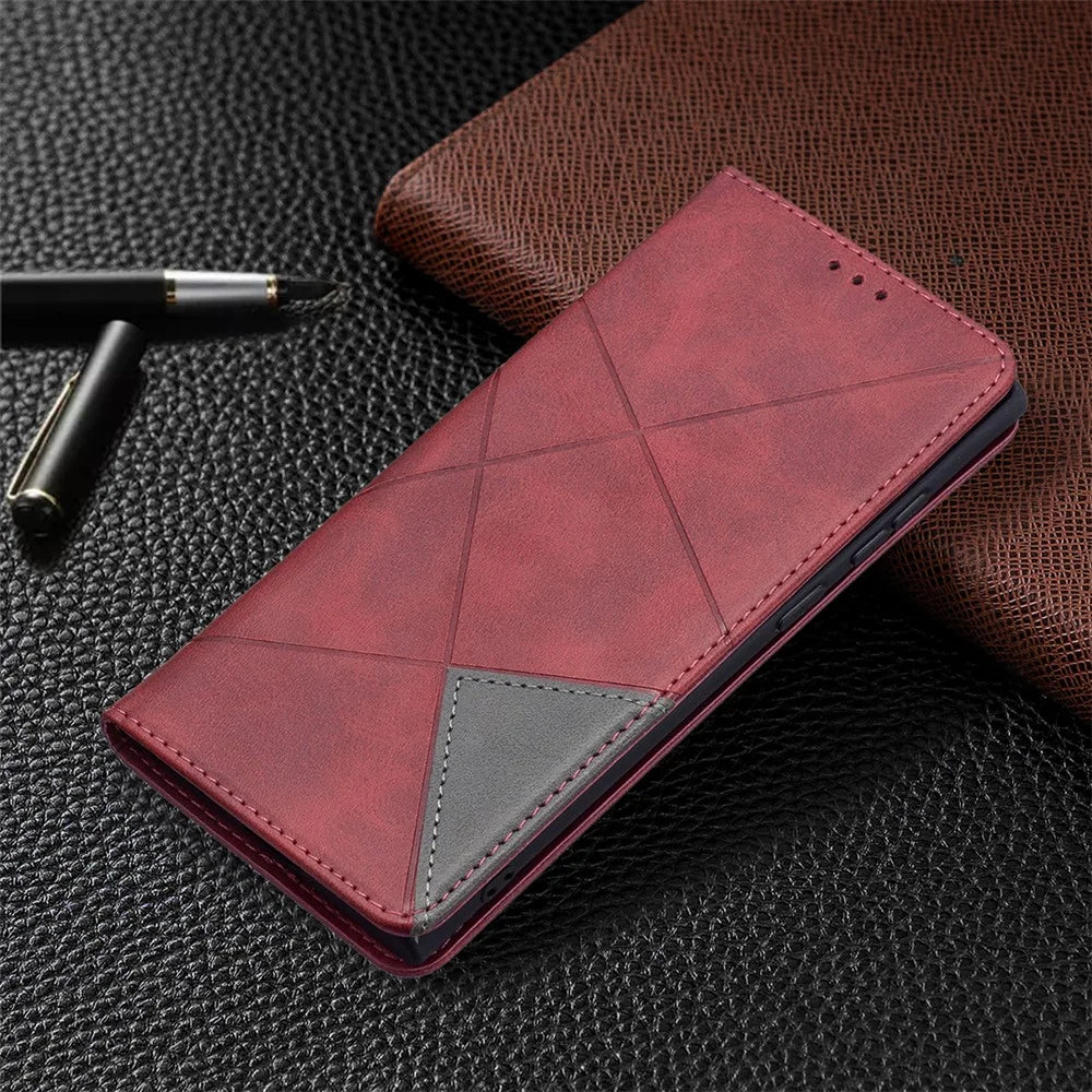 All-Round Protection Rhombus-Like Imprinted Magnetic Closure Card Slots Design Leather Phone Case with Stand for Samsung Galaxy S22 Ultra 5G - Red - 7