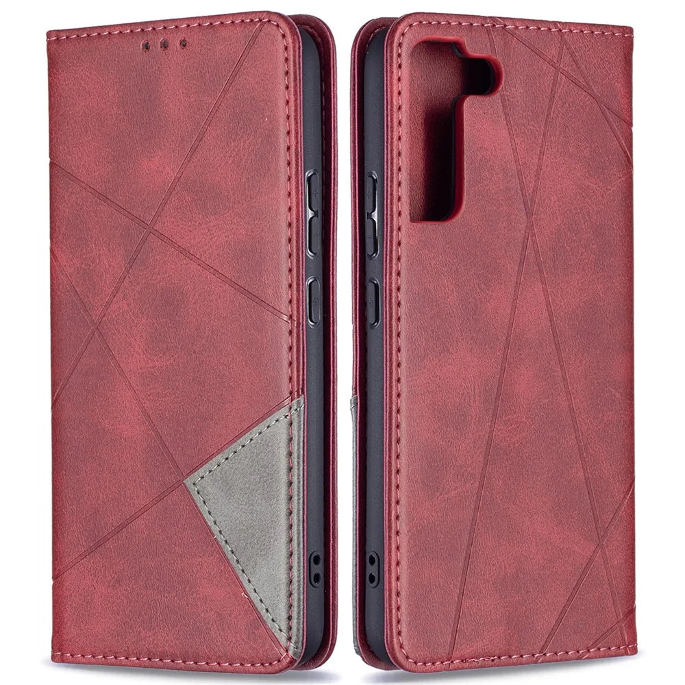 Rhombus-Like Imprinting Auto-Absorbed Magnetic Closing Anti-Fall Card Slots Design Leather Stand Phone Case for Samsung Galaxy S22+ 5G - Red - 1