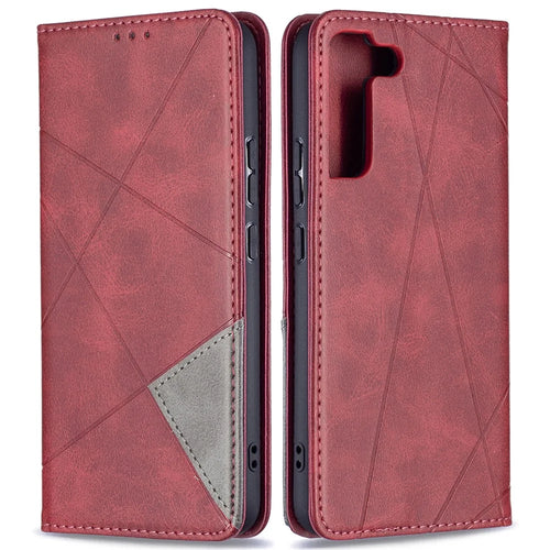 Rhombus-Like Imprinting Auto-Absorbed Magnetic Closing Anti-Fall Card Slots Design Leather Stand Phone Case for Samsung Galaxy S22+ 5G - Red - 1