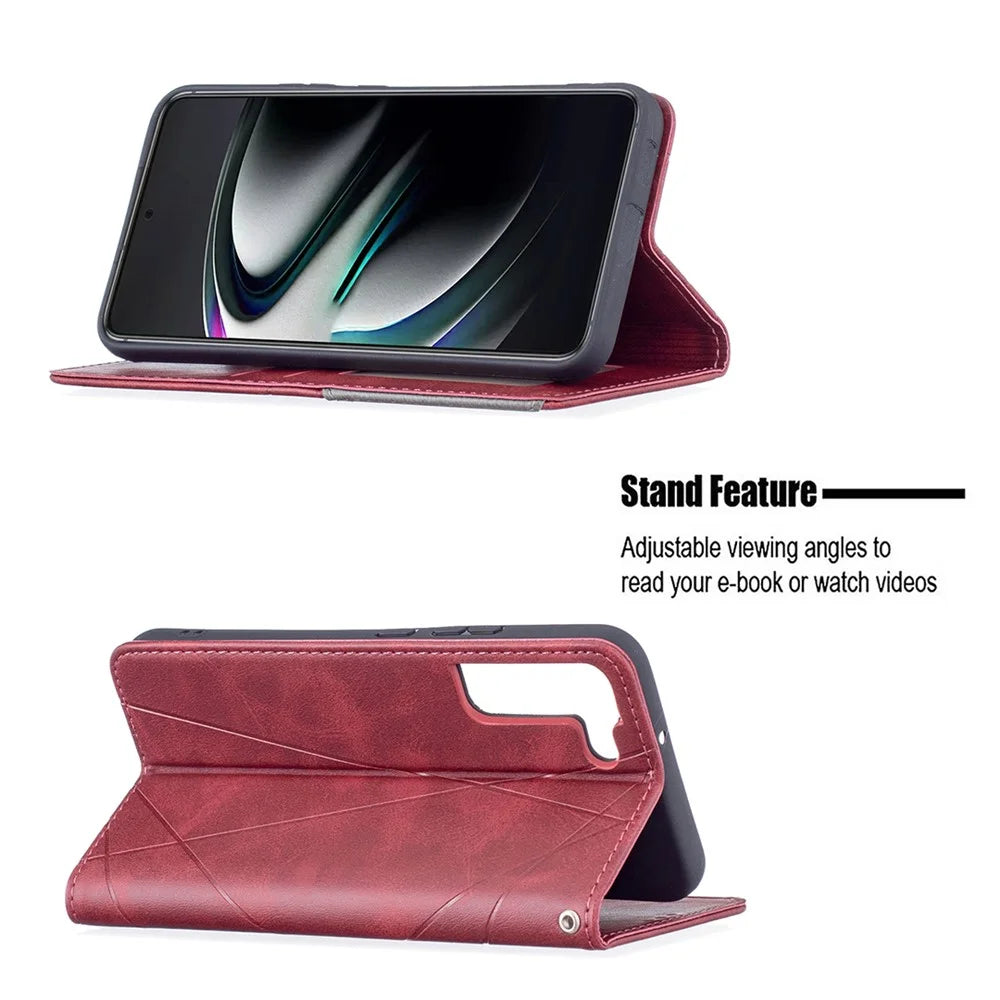 Rhombus-Like Imprinting Auto-Absorbed Magnetic Closing Anti-Fall Card Slots Design Leather Stand Phone Case for Samsung Galaxy S22+ 5G - Red - 2