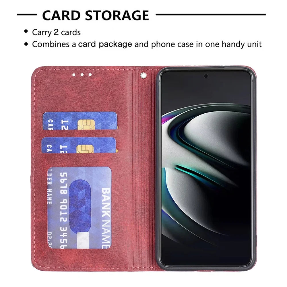 Rhombus-Like Imprinting Auto-Absorbed Magnetic Closing Anti-Fall Card Slots Design Leather Stand Phone Case for Samsung Galaxy S22+ 5G - Red - 3