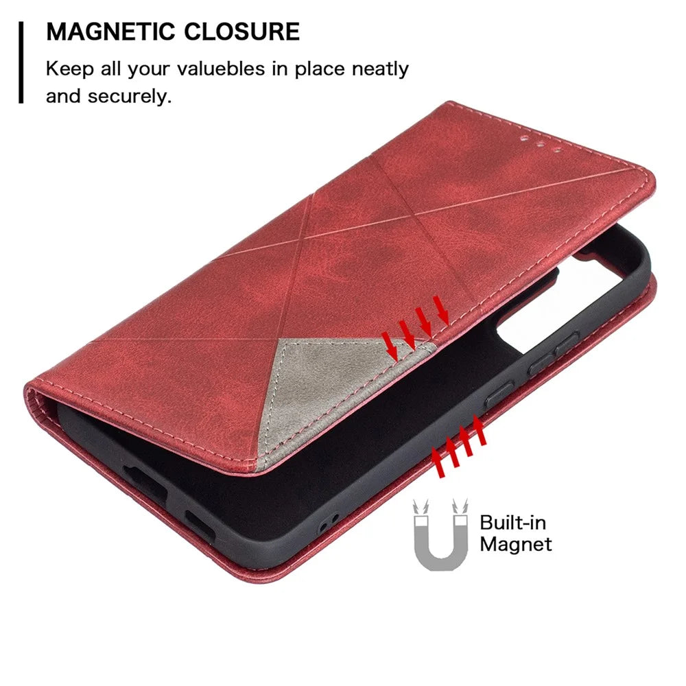 Rhombus-Like Imprinting Auto-Absorbed Magnetic Closing Anti-Fall Card Slots Design Leather Stand Phone Case for Samsung Galaxy S22+ 5G - Red - 4