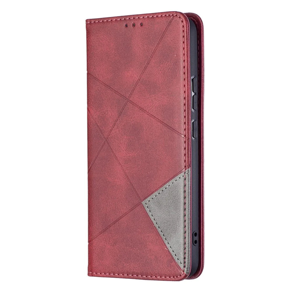 Rhombus-Like Imprinting Auto-Absorbed Magnetic Closing Anti-Fall Card Slots Design Leather Stand Phone Case for Samsung Galaxy S22+ 5G - Red - 5