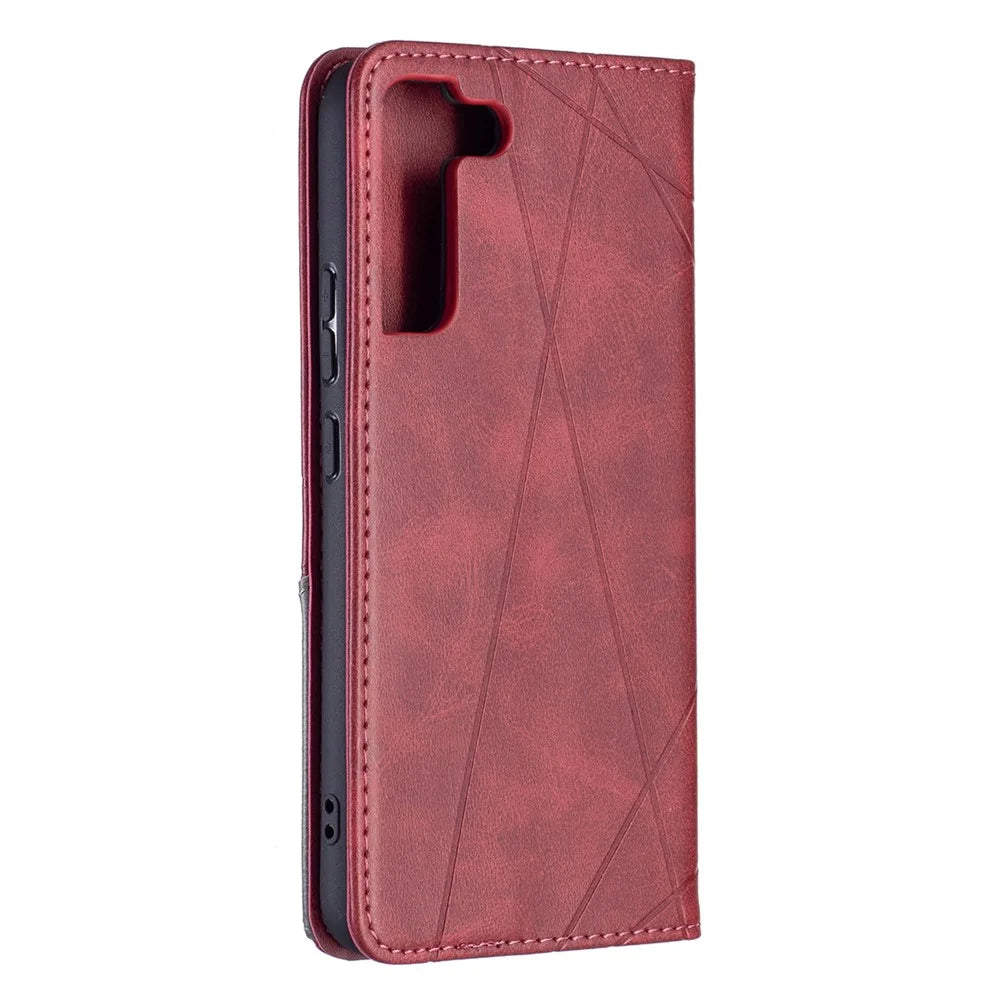 Rhombus-Like Imprinting Auto-Absorbed Magnetic Closing Anti-Fall Card Slots Design Leather Stand Phone Case for Samsung Galaxy S22+ 5G - Red - 6