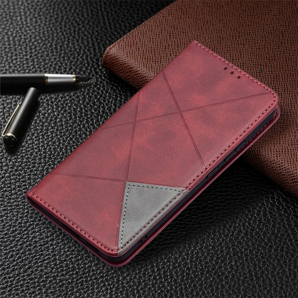 Rhombus-Like Imprinting Auto-Absorbed Magnetic Closing Anti-Fall Card Slots Design Leather Stand Phone Case for Samsung Galaxy S22+ 5G - Red - 7
