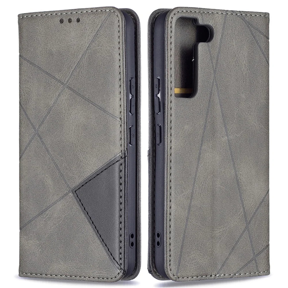Rhombus-Like Imprinting Magnetic Closure Shockproof Drop-Proof Card Slots Design Leather Stand Phone Case Shell for Samsung Galaxy S22 5G - Grey - 1