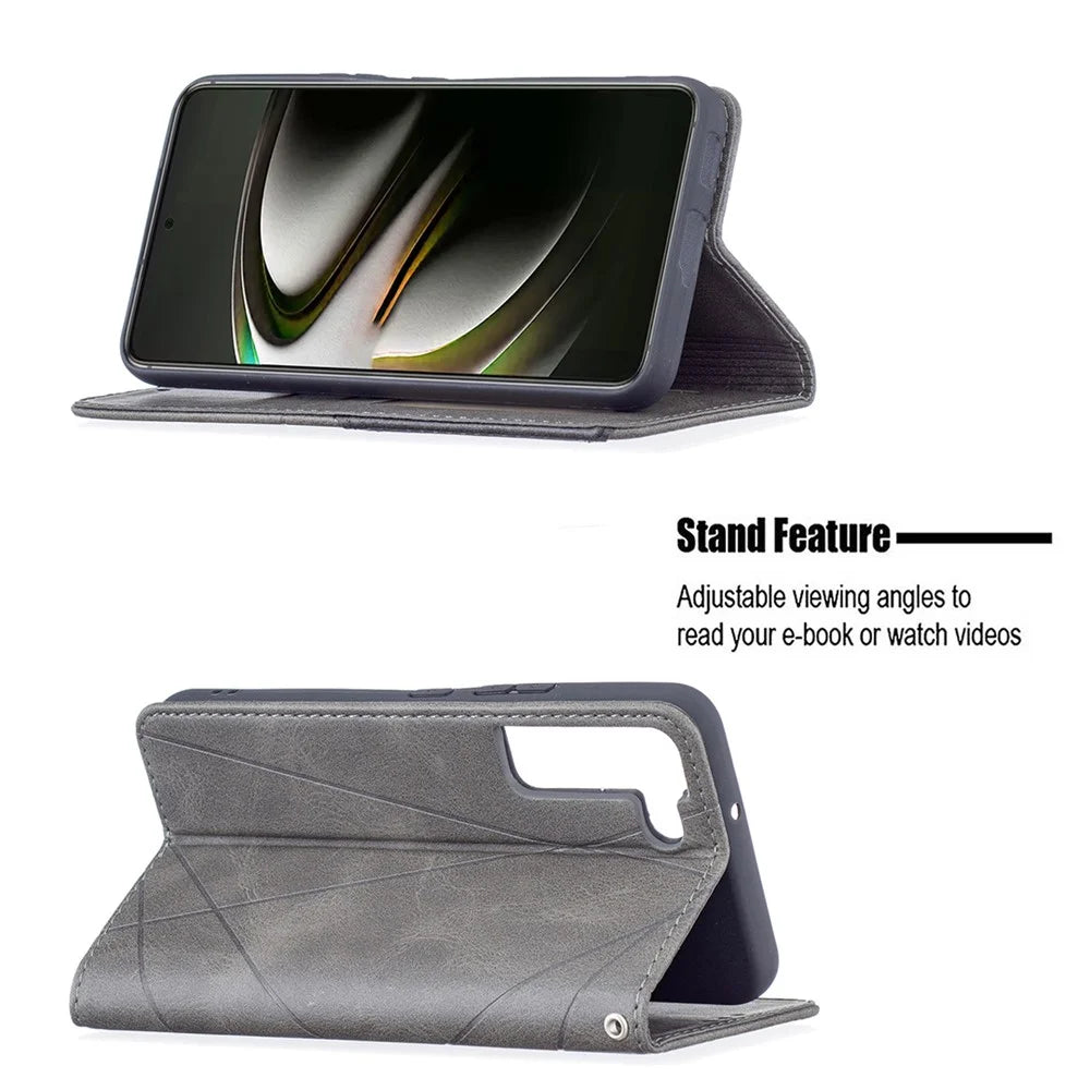 Rhombus-Like Imprinting Magnetic Closure Shockproof Drop-Proof Card Slots Design Leather Stand Phone Case Shell for Samsung Galaxy S22 5G - Grey - 2