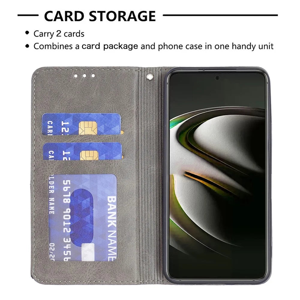Rhombus-Like Imprinting Magnetic Closure Shockproof Drop-Proof Card Slots Design Leather Stand Phone Case Shell for Samsung Galaxy S22 5G - Grey - 3
