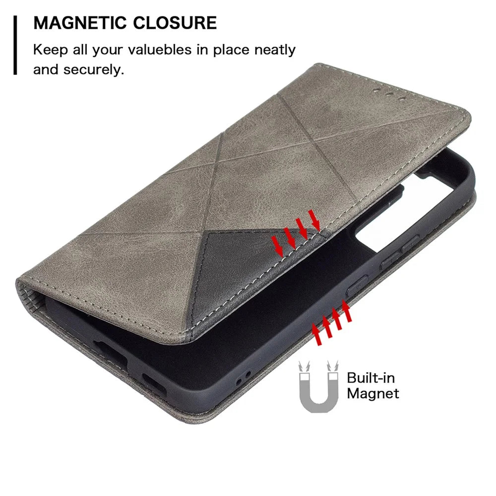 Rhombus-Like Imprinting Magnetic Closure Shockproof Drop-Proof Card Slots Design Leather Stand Phone Case Shell for Samsung Galaxy S22 5G - Grey - 4
