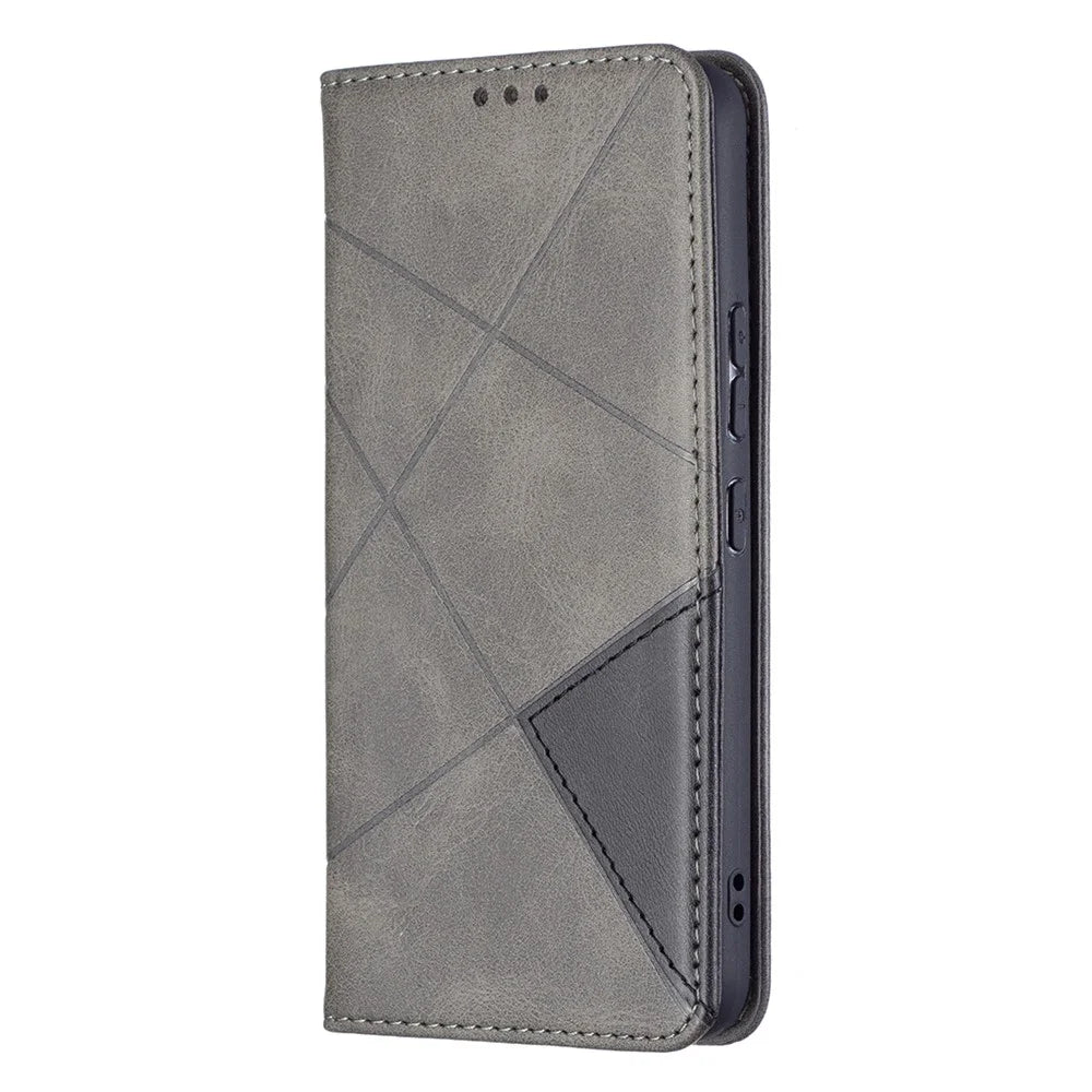 Rhombus-Like Imprinting Magnetic Closure Shockproof Drop-Proof Card Slots Design Leather Stand Phone Case Shell for Samsung Galaxy S22 5G - Grey - 5