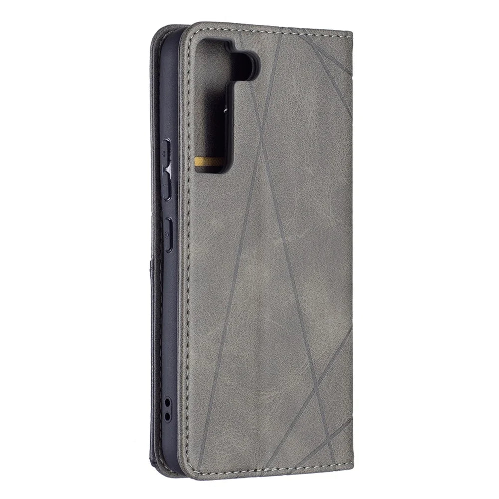 Rhombus-Like Imprinting Magnetic Closure Shockproof Drop-Proof Card Slots Design Leather Stand Phone Case Shell for Samsung Galaxy S22 5G - Grey - 6