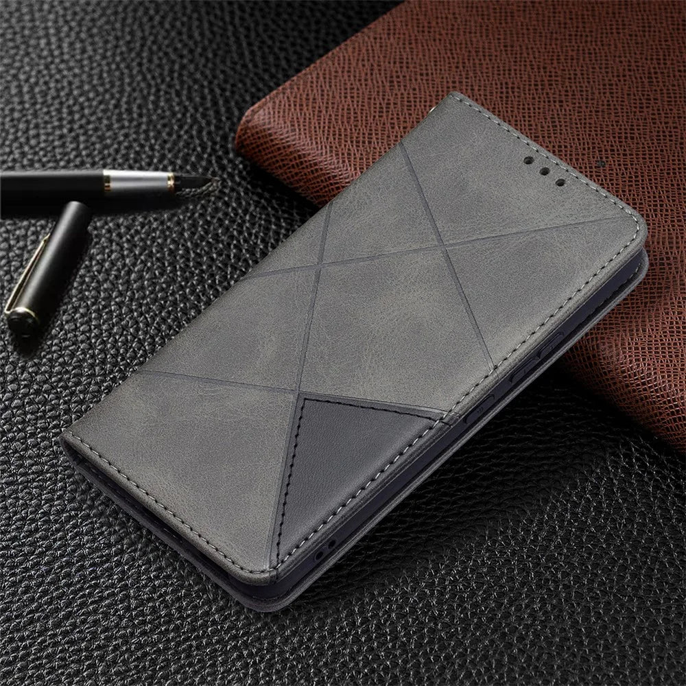 Rhombus-Like Imprinting Magnetic Closure Shockproof Drop-Proof Card Slots Design Leather Stand Phone Case Shell for Samsung Galaxy S22 5G - Grey - 7