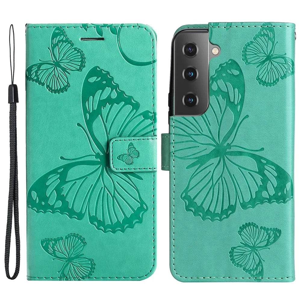 For Samsung Galaxy S22 5G Wallet Case Floral Butterfly Imprinted Leather Phone Cover Stand - Green - 1