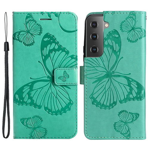 For Samsung Galaxy S22 5G Wallet Case Floral Butterfly Imprinted Leather Phone Cover Stand - Green - 1